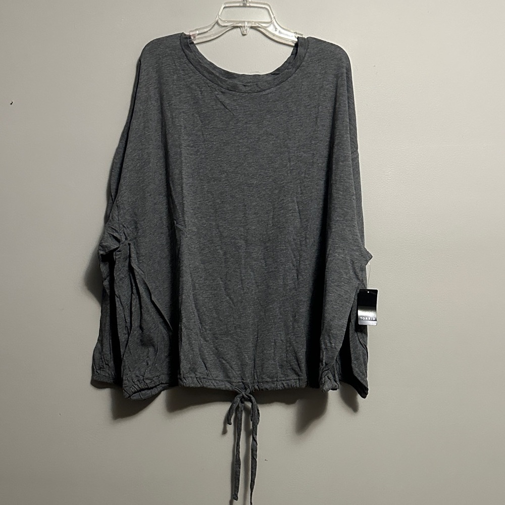 Torrid Cotton Modal Slub Drop Shoulder Tie Hem Gray Drawstring Long Sleeve 4X - Picture 2 of 6